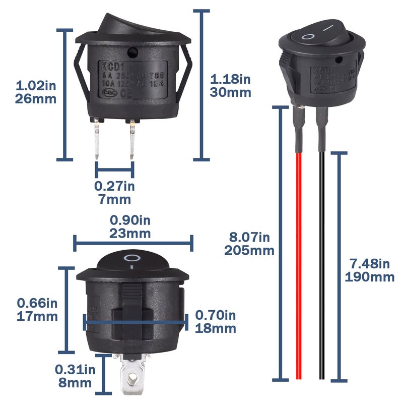 VEXUNGA Round Rocker Switch 12V ON Off Switches Small Mini 12Volt Toggle Switch 2Pin AC 6A 250V 10A 125V 12VDC KCD1 Black for Car Automotive Boat (5Pcs with Leads 5Pcs Without Wires) - Image 2